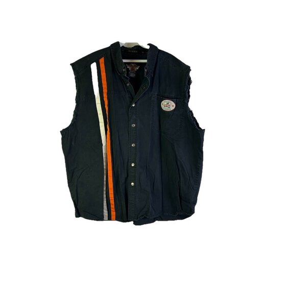 Vintage 90s Harley Davidson Spell Out Mechanics Cut Off Button Shirt - Picture 1 of 11